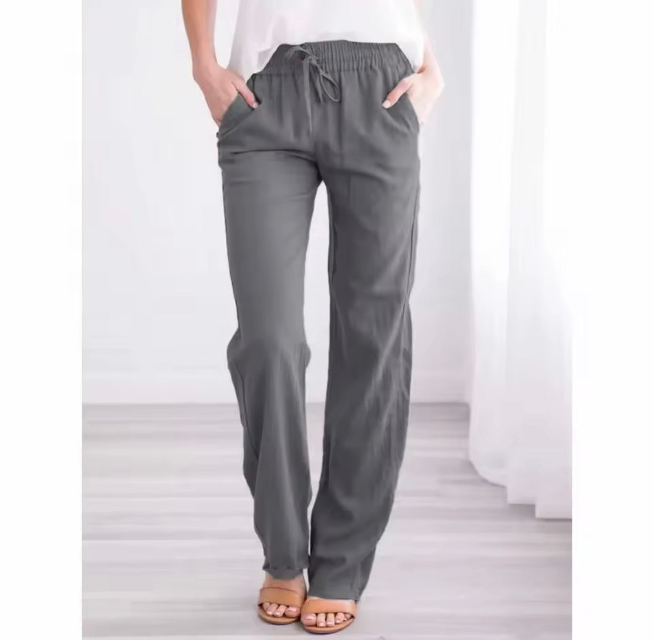 Women’s Cotton Linen Drawstring Pants – Breathable Loose Fit Straight Leg Casual Trousers