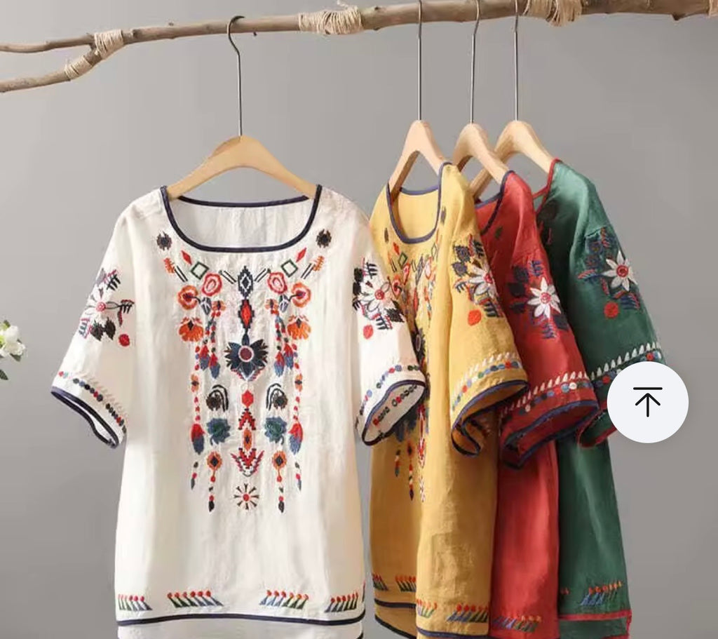 Boho Embroidered Linen Blend Blouse – Vintage Floral Summer Top (Relaxed Fit)