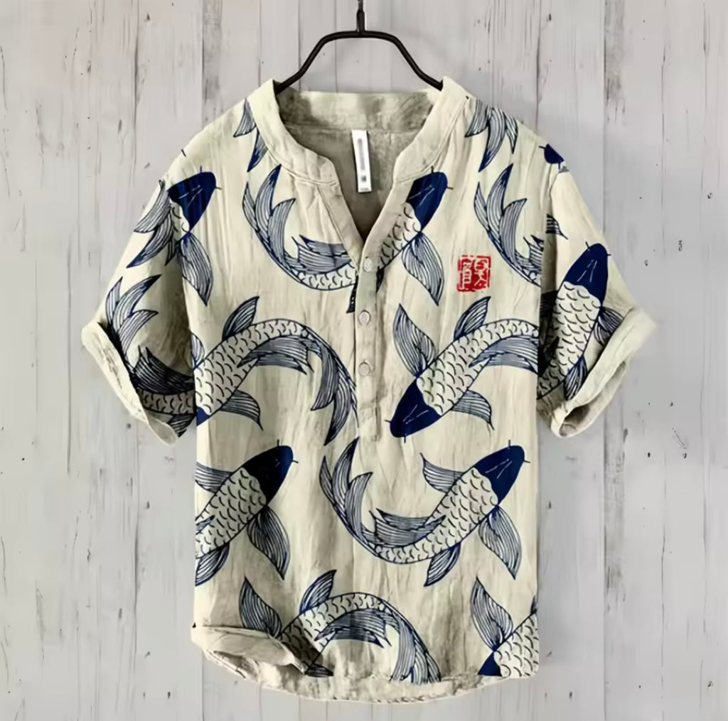 Japanese-Inspired Linen Blend Short Sleeve Casual Shirt – Koi, Wave & Floral Prints