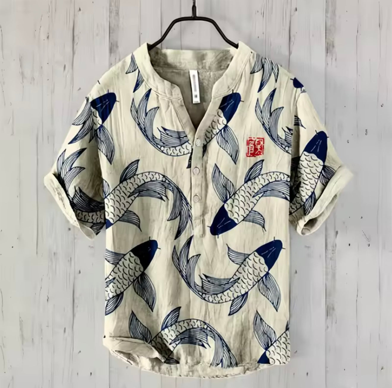 Japanese-Inspired Linen Blend Short Sleeve Casual Shirt – Koi, Wave & Floral Prints
