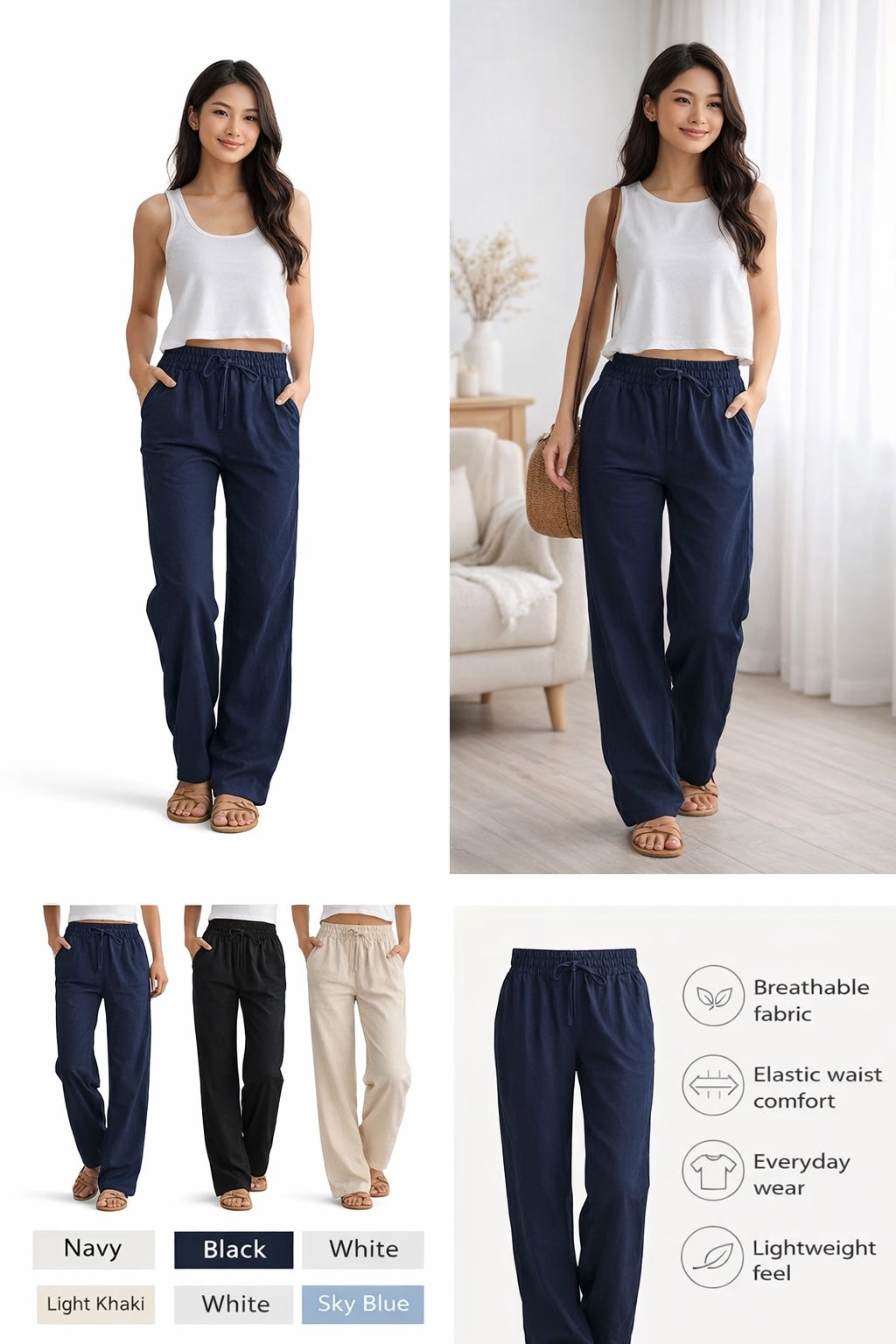 Women’s Cotton Linen Drawstring Pants – Breathable Loose Fit Straight Leg Casual Trousers