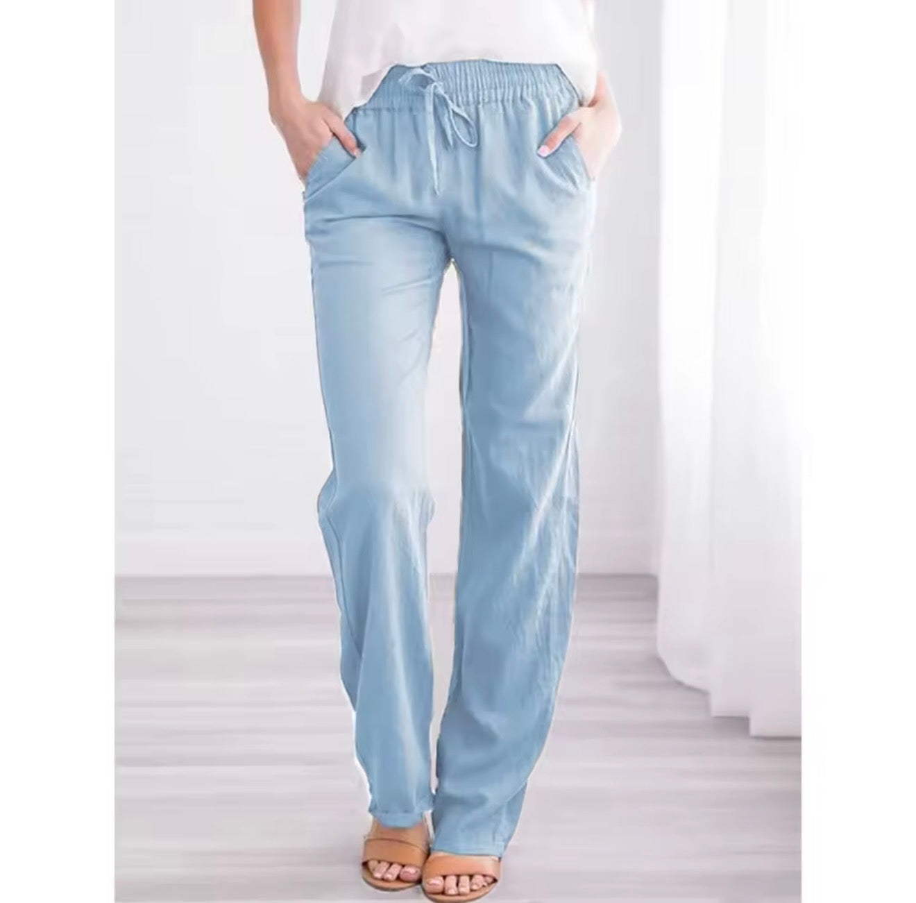 Women’s Cotton Linen Drawstring Pants – Breathable Loose Fit Straight Leg Casual Trousers