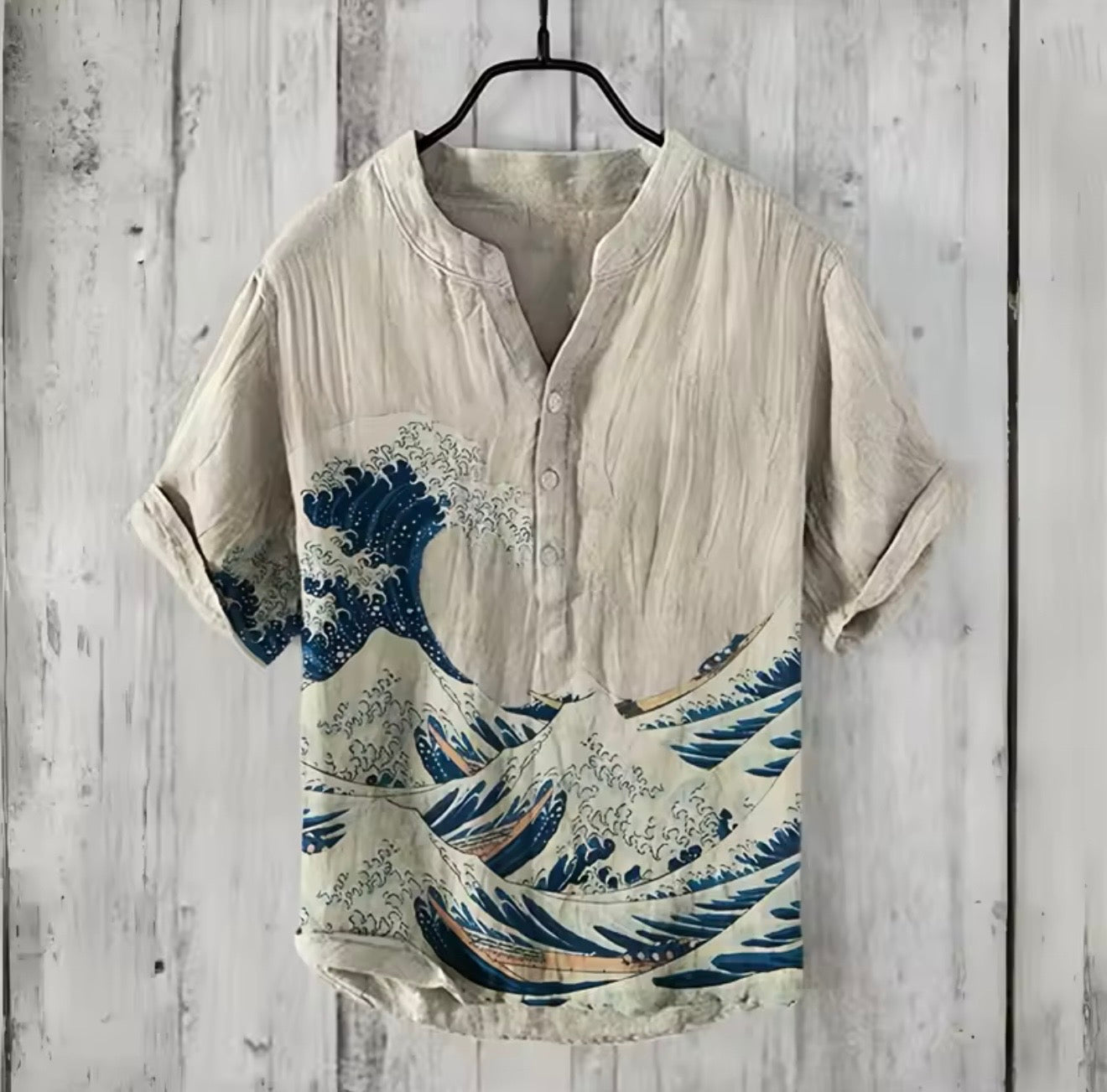 Japanese-Inspired Linen Blend Short Sleeve Casual Shirt – Koi, Wave & Floral Prints