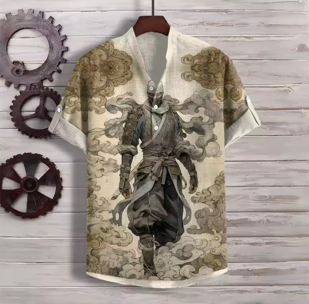 Japanese-Inspired Linen Blend Short Sleeve Casual Shirt – Koi, Wave & Floral Prints