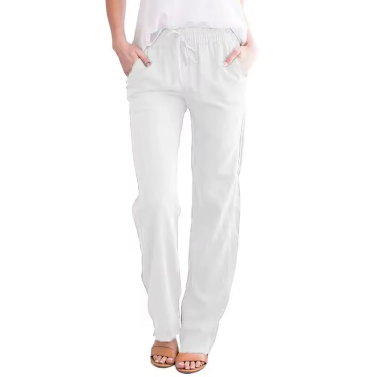 Women’s Cotton Linen Drawstring Pants – Breathable Loose Fit Straight Leg Casual Trousers