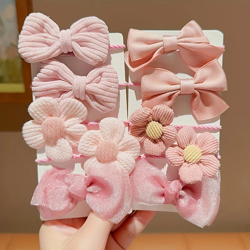 Cute Bow & Flower Hair Clip Set (10pcs) – Soft Elastic Bands for Kids & Girls