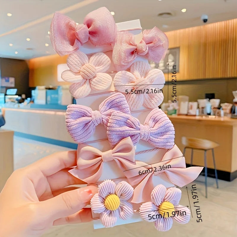 Cute Bow & Flower Hair Clip Set (10pcs) – Soft Elastic Bands for Kids & Girls