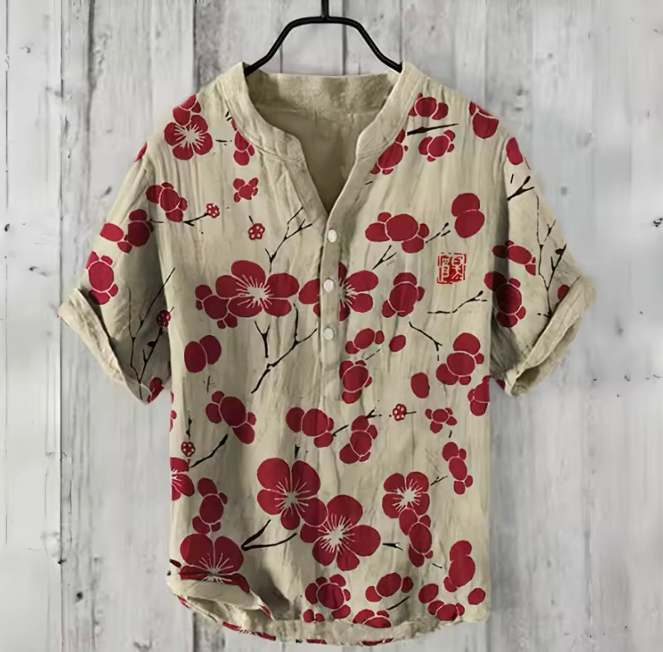 Japanese-Inspired Linen Blend Short Sleeve Casual Shirt – Koi, Wave & Floral Prints