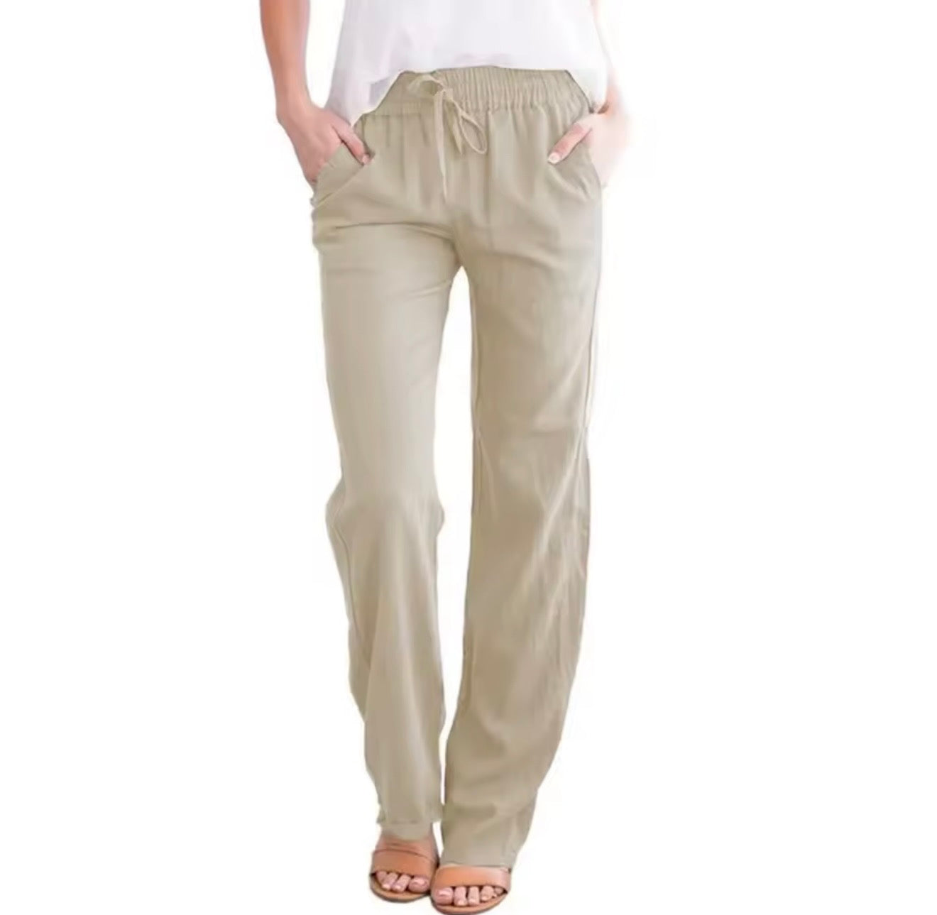 Women’s Cotton Linen Drawstring Pants – Breathable Loose Fit Straight Leg Casual Trousers