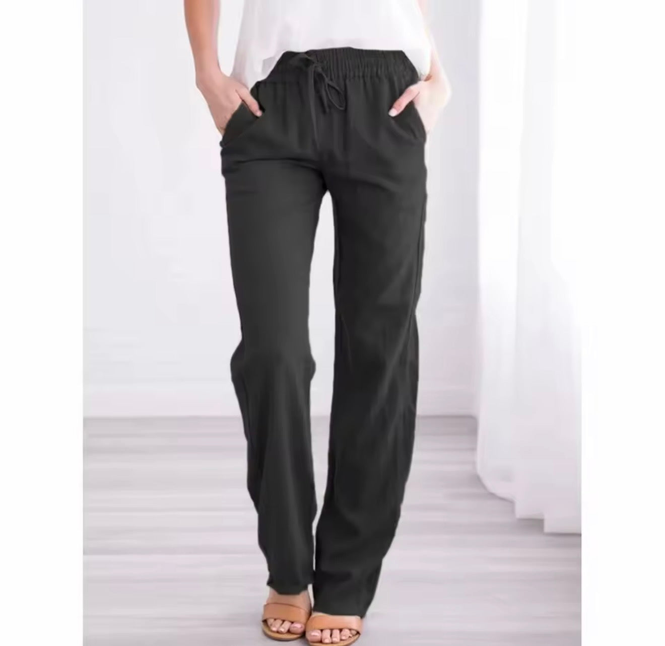 Women’s Cotton Linen Drawstring Pants – Breathable Loose Fit Straight Leg Casual Trousers
