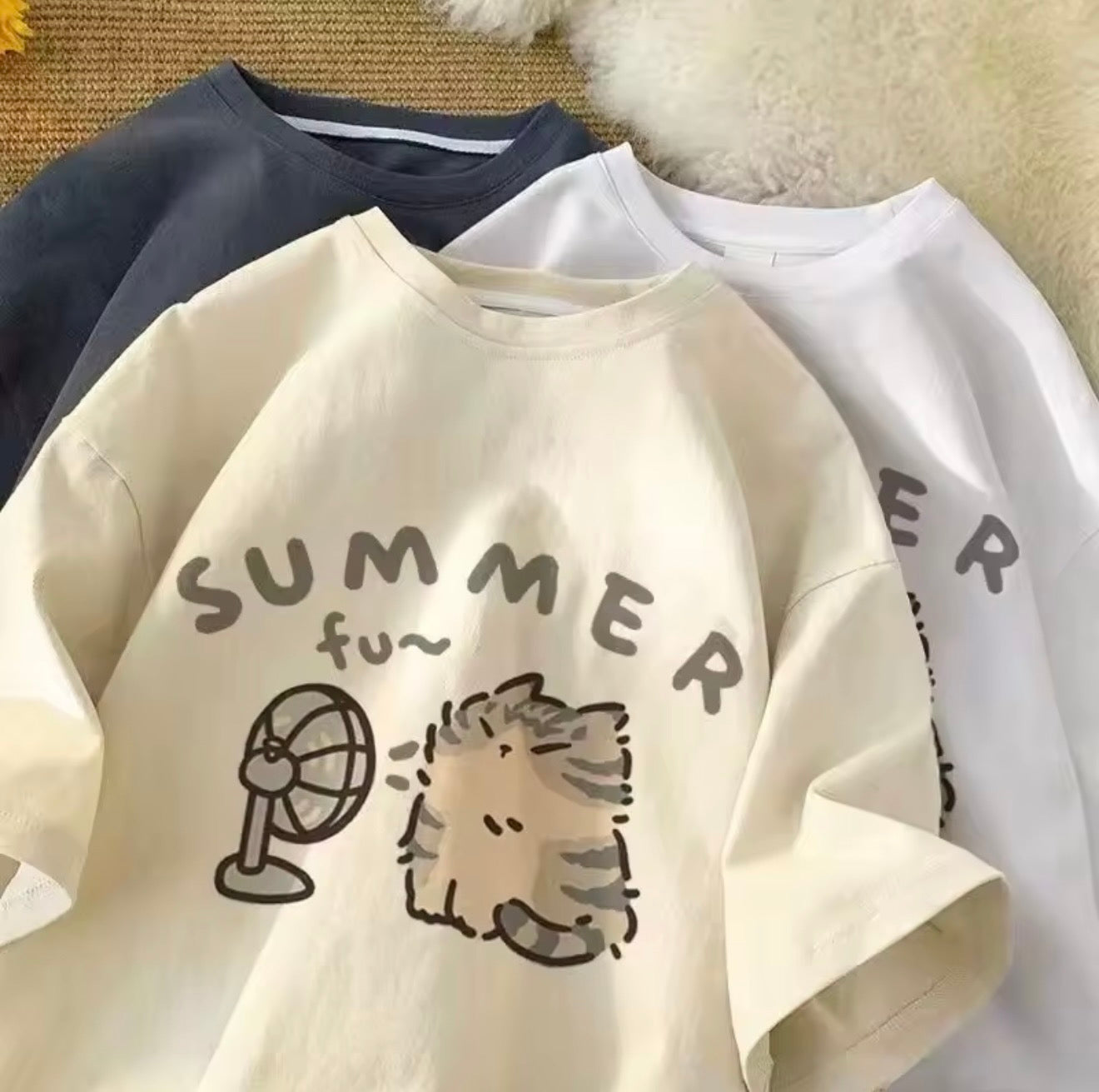 Cute “Summer Fun Cat” Oversized Graphic Tee – Casual Cartoon T-Shirt (Unisex Fit)