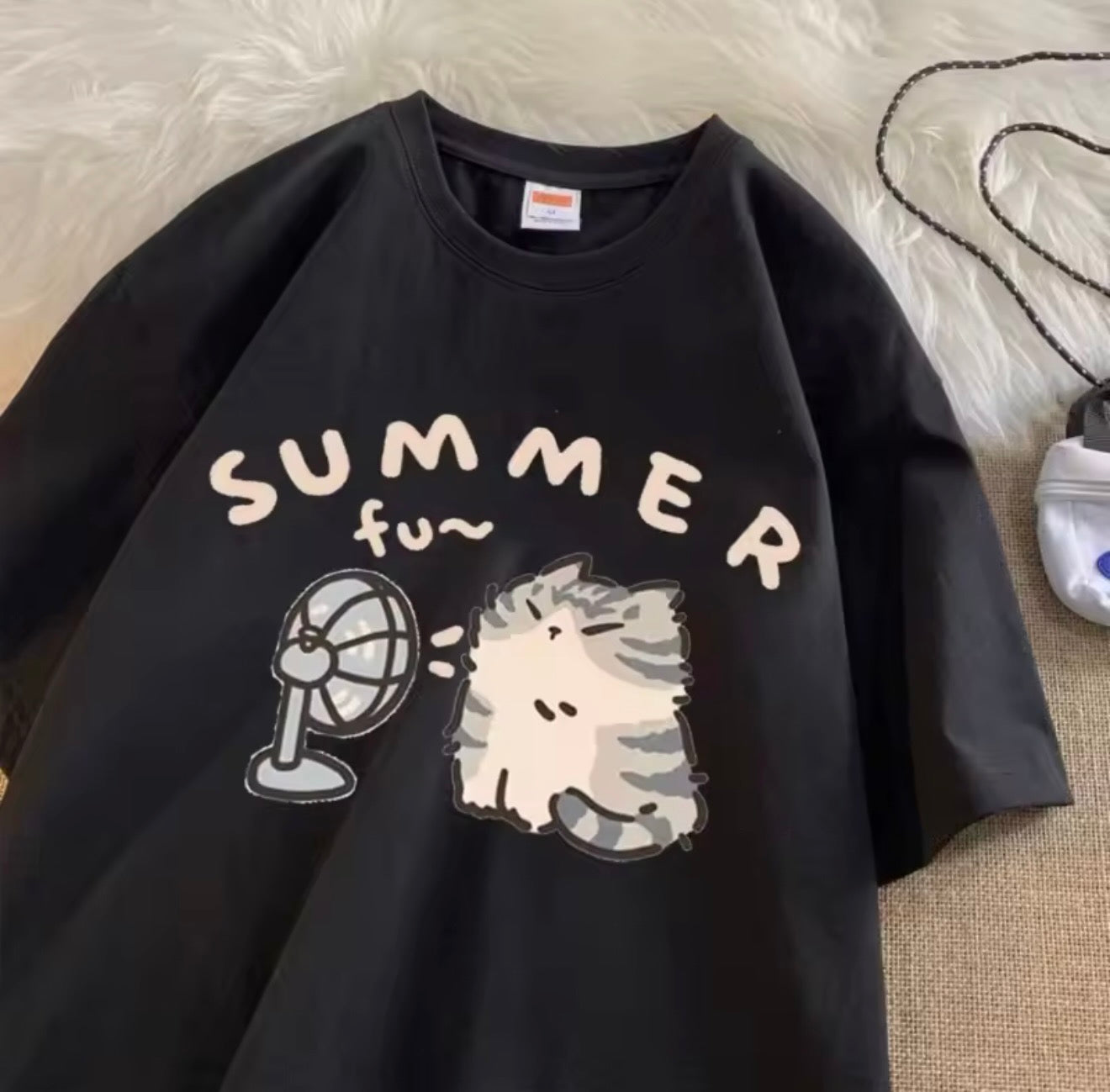 Cute “Summer Fun Cat” Oversized Graphic Tee – Casual Cartoon T-Shirt (Unisex Fit)