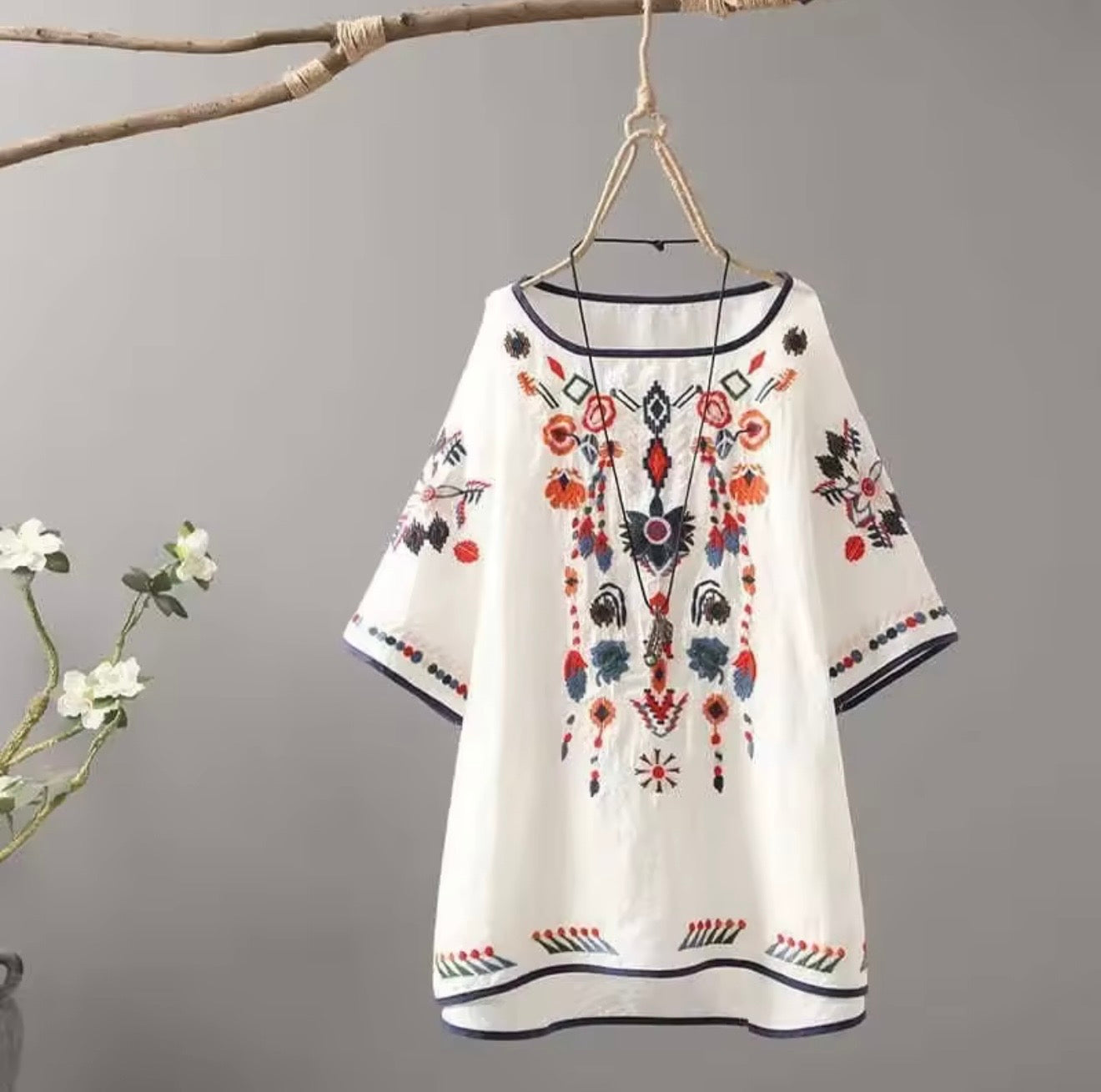 Boho Embroidered Linen Blend Blouse – Vintage Floral Summer Top (Relaxed Fit)
