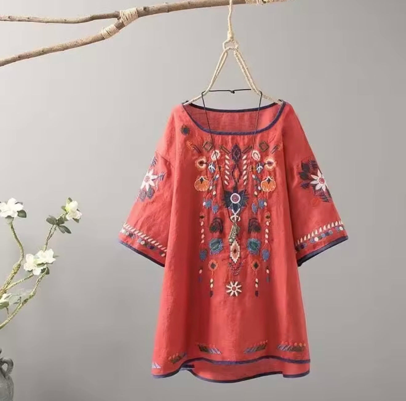 Boho Embroidered Linen Blend Blouse – Vintage Floral Summer Top (Relaxed Fit)