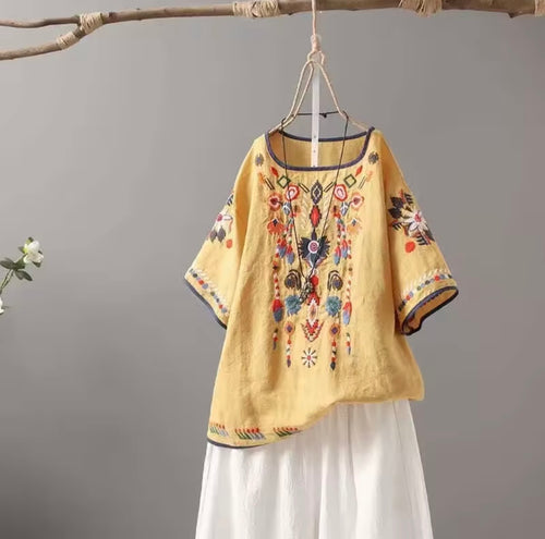 Boho Embroidered Linen Blend Blouse – Vintage Floral Summer Top (Relaxed Fit)