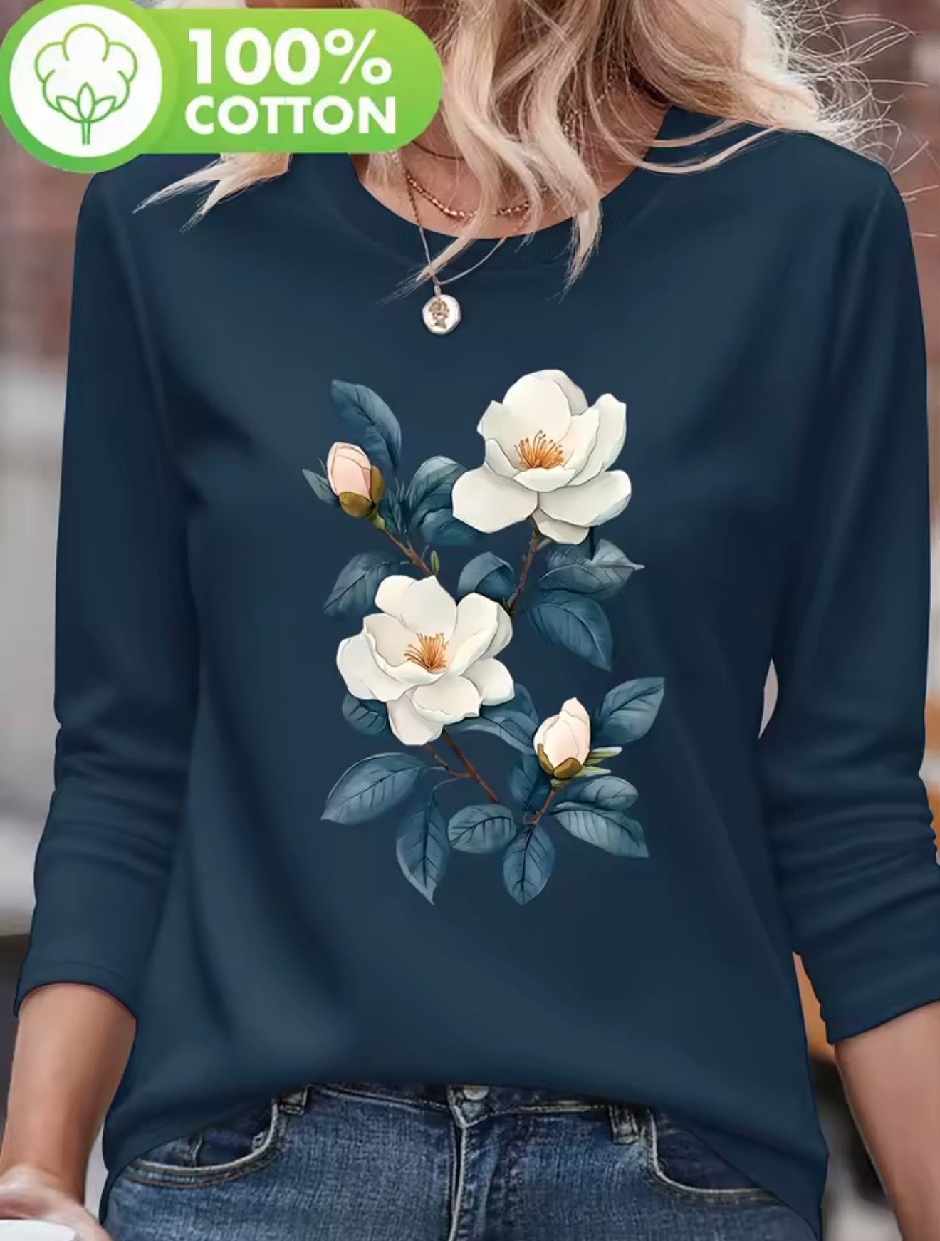 Women’s 100% Cotton Floral Long Sleeve Casual Tee