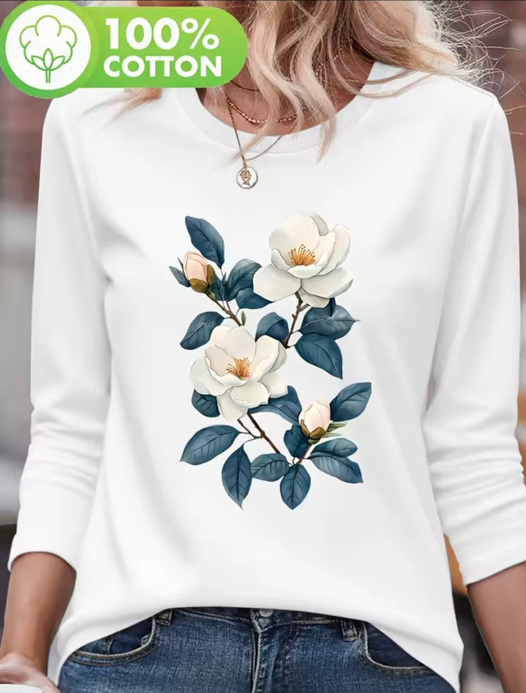 Women’s 100% Cotton Floral Long Sleeve Casual Tee