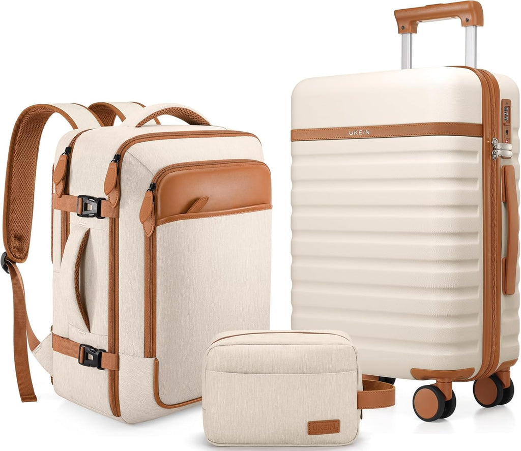 UKEIN 3-Piece Carry-On Luggage Set with Backpack & Toiletry Bag – Beige