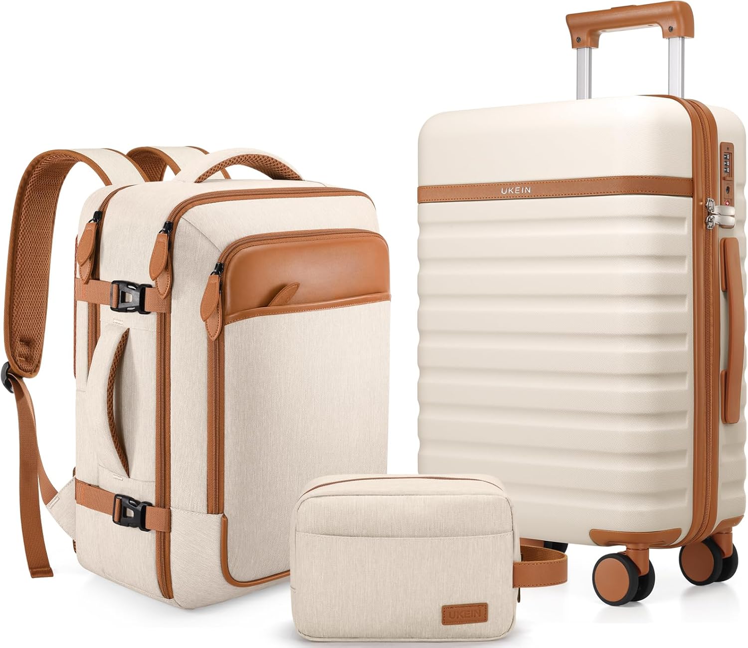 UKEIN 3-Piece Carry-On Luggage Set with Backpack & Toiletry Bag – Beige