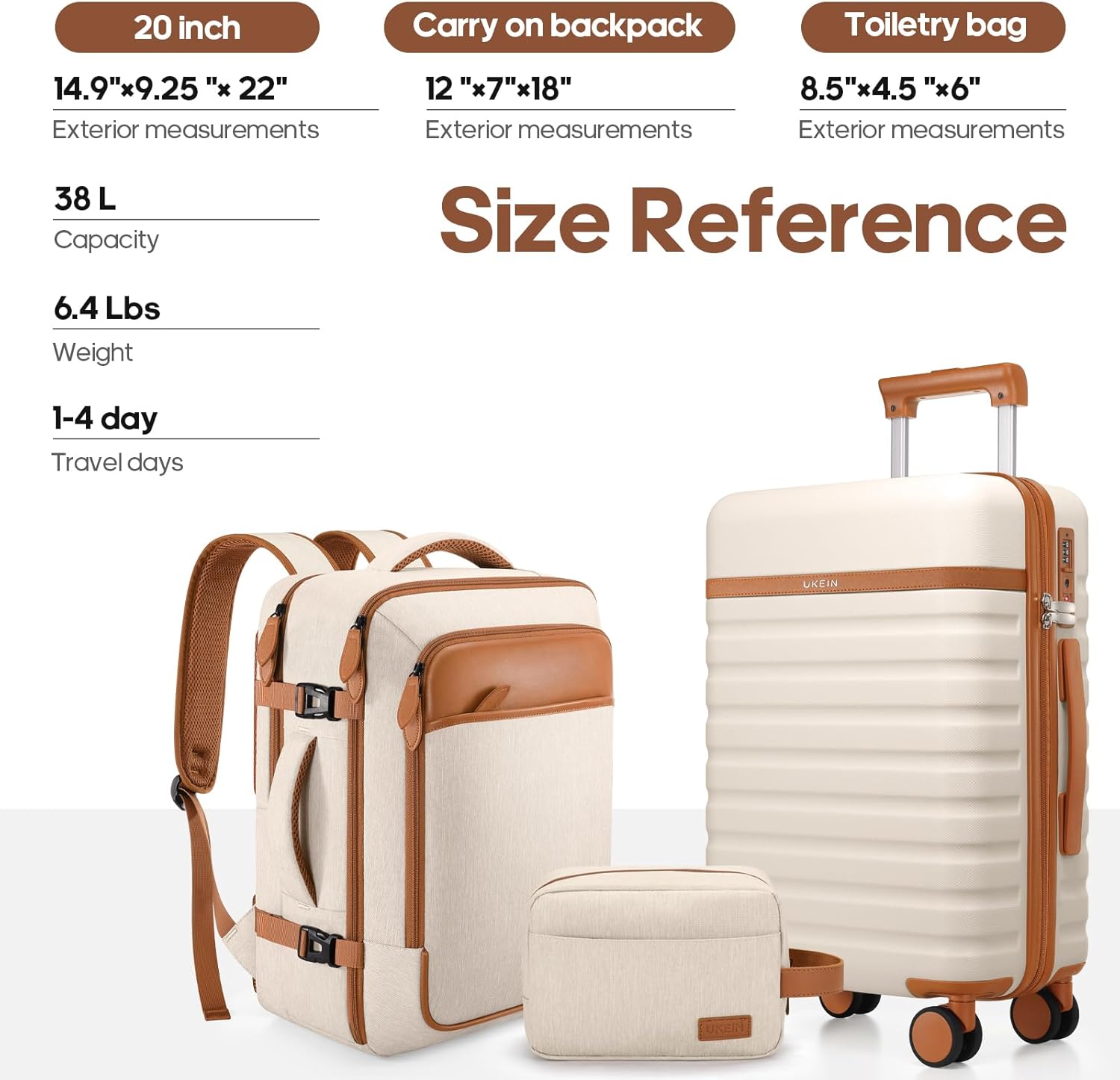 UKEIN 3-Piece Carry-On Luggage Set with Backpack & Toiletry Bag – Beige