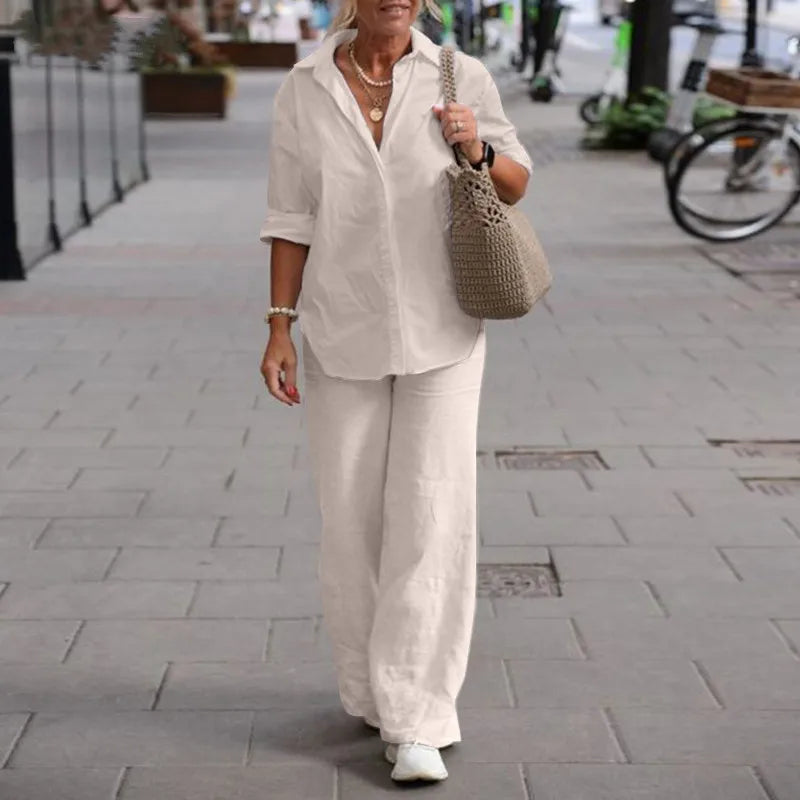 Women’s Lightweight Linen-Blend Utility Set – Long Sleeve Shirt & Wide-Leg Trousers