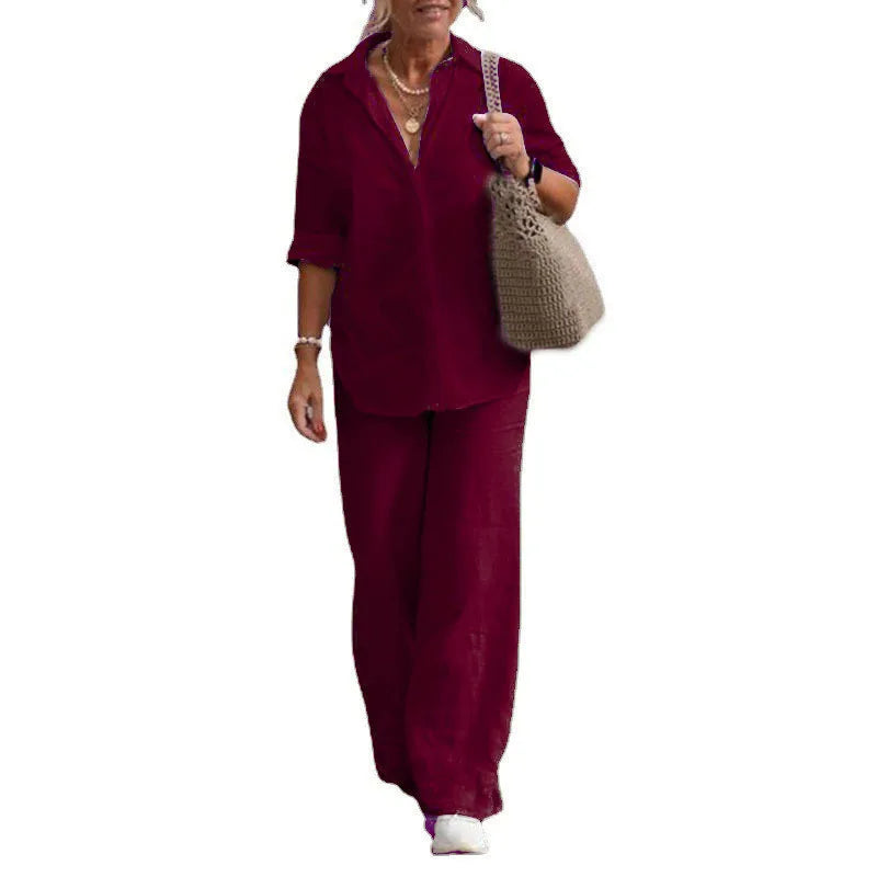 Women’s Lightweight Linen-Blend Utility Set – Long Sleeve Shirt & Wide-Leg Trousers