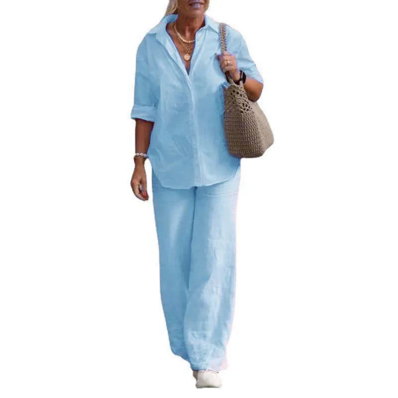 Women’s Lightweight Linen-Blend Utility Set – Long Sleeve Shirt & Wide-Leg Trousers