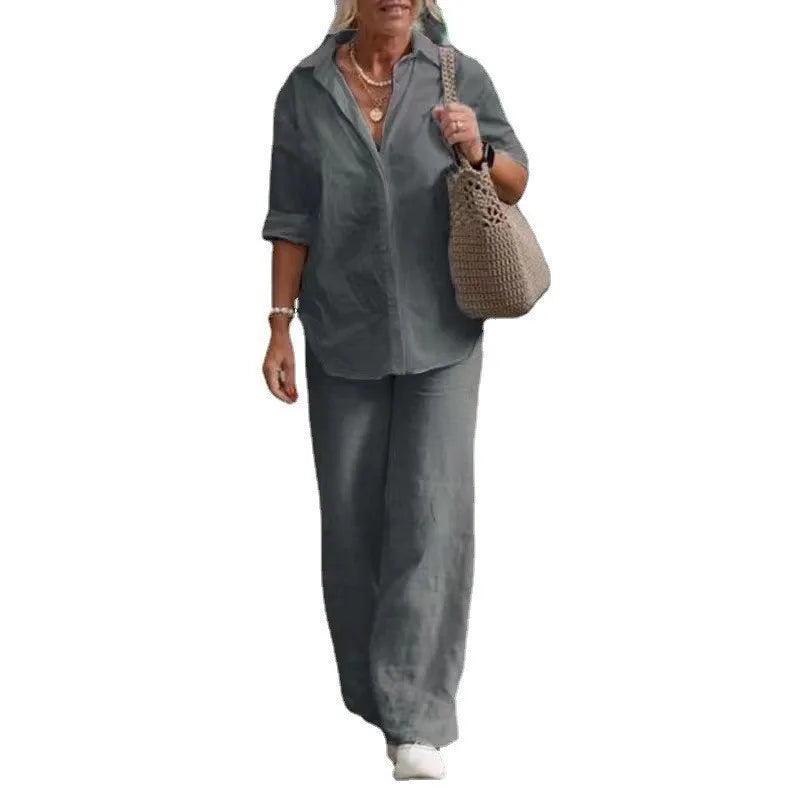 Women’s Lightweight Linen-Blend Utility Set – Long Sleeve Shirt & Wide-Leg Trousers