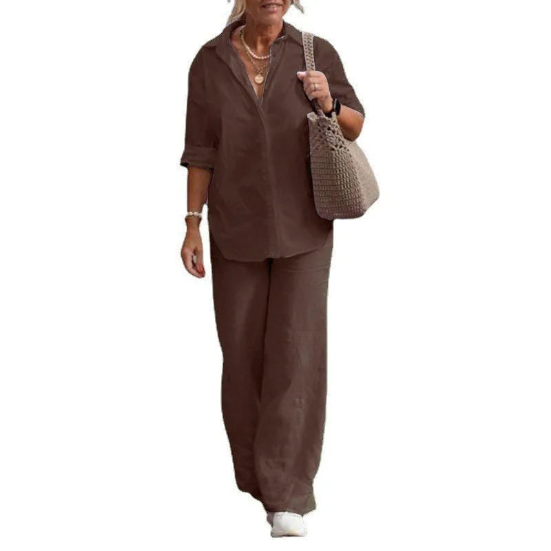 Women’s Lightweight Linen-Blend Utility Set – Long Sleeve Shirt & Wide-Leg Trousers