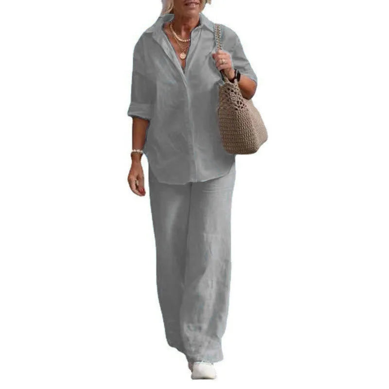 Women’s Lightweight Linen-Blend Utility Set – Long Sleeve Shirt & Wide-Leg Trousers