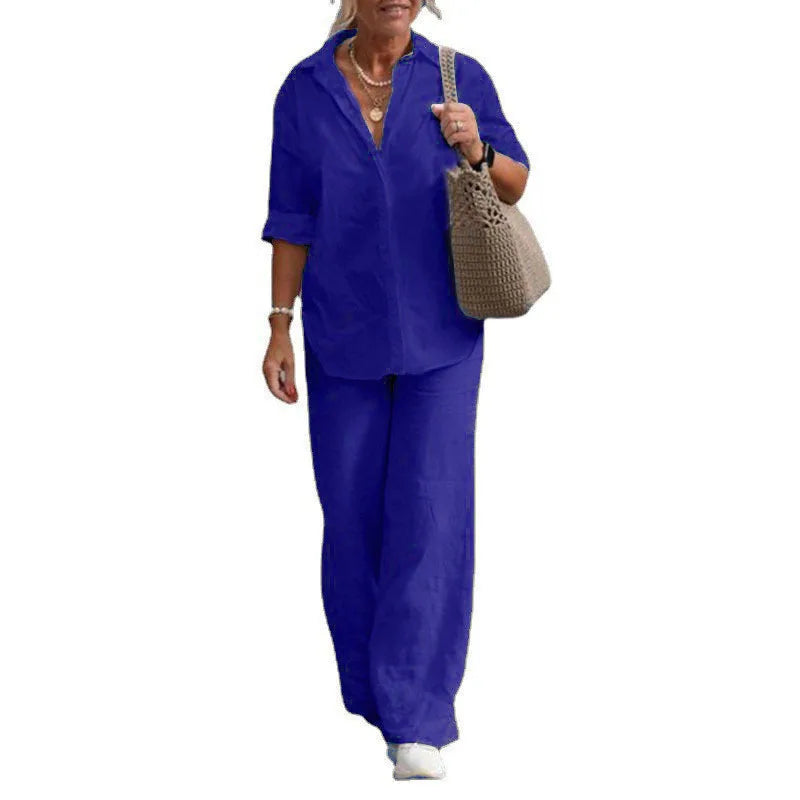 Women’s Lightweight Linen-Blend Utility Set – Long Sleeve Shirt & Wide-Leg Trousers