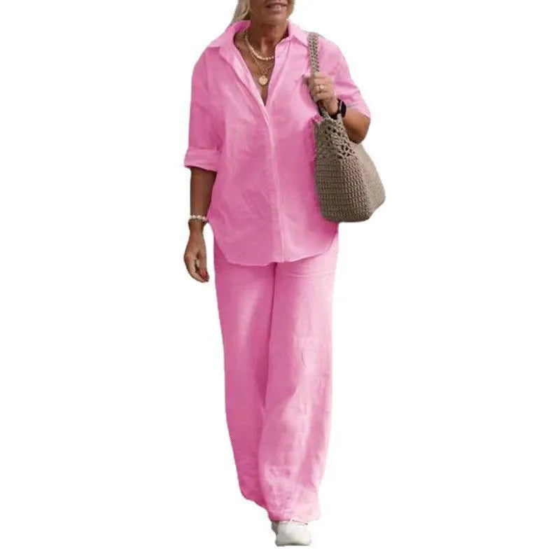 Women’s Lightweight Linen-Blend Utility Set – Long Sleeve Shirt & Wide-Leg Trousers