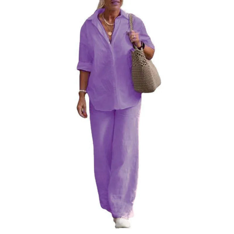 Women’s Lightweight Linen-Blend Utility Set – Long Sleeve Shirt & Wide-Leg Trousers
