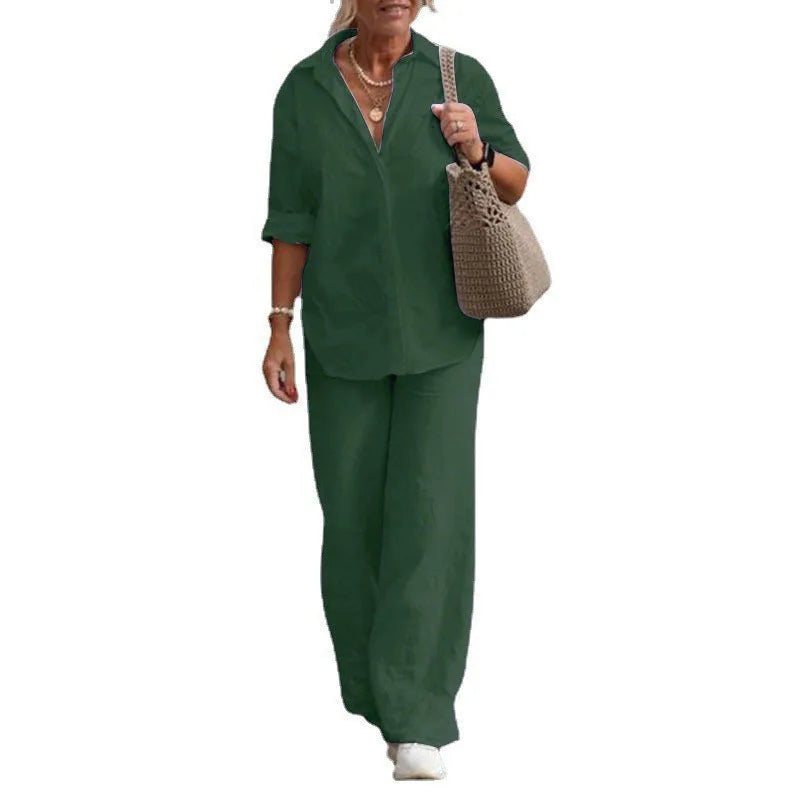 Women’s Lightweight Linen-Blend Utility Set – Long Sleeve Shirt & Wide-Leg Trousers
