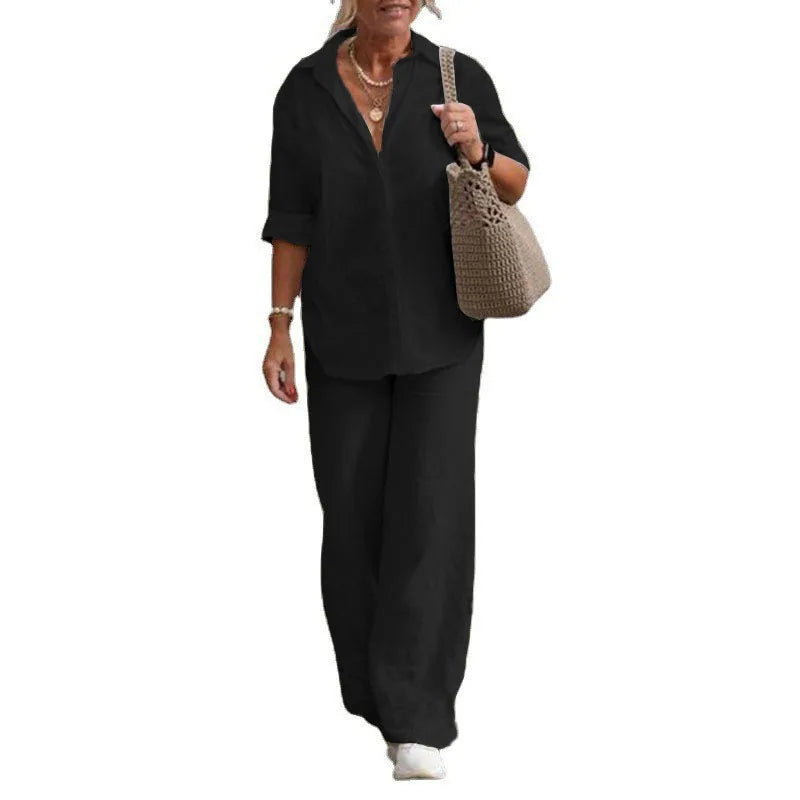 Women’s Lightweight Linen-Blend Utility Set – Long Sleeve Shirt & Wide-Leg Trousers