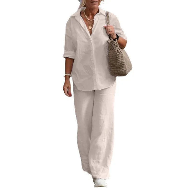 Women’s Lightweight Linen-Blend Utility Set – Long Sleeve Shirt & Wide-Leg Trousers