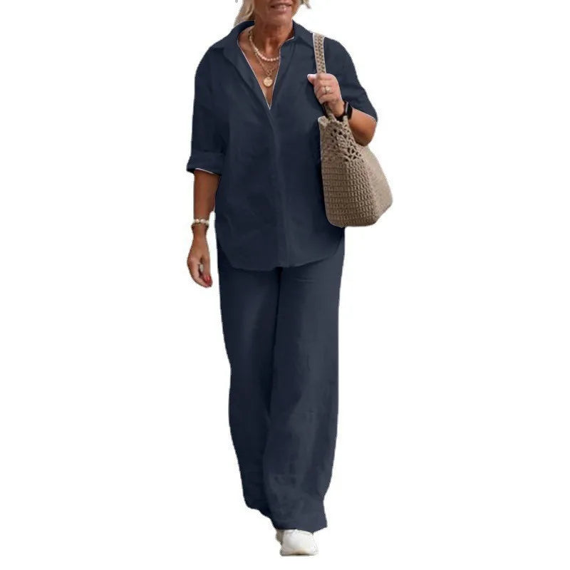 Women’s Lightweight Linen-Blend Utility Set – Long Sleeve Shirt & Wide-Leg Trousers